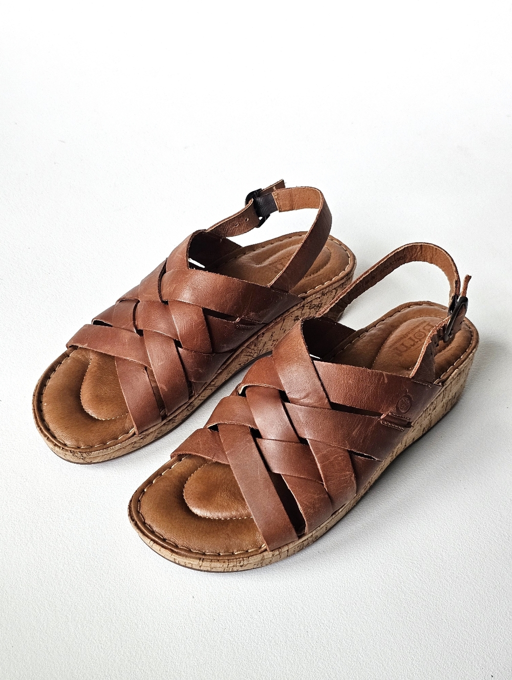 Born Leather Wedge Sandals Brown Strappy Slingback Comfort 10M - Picture 2 of 10